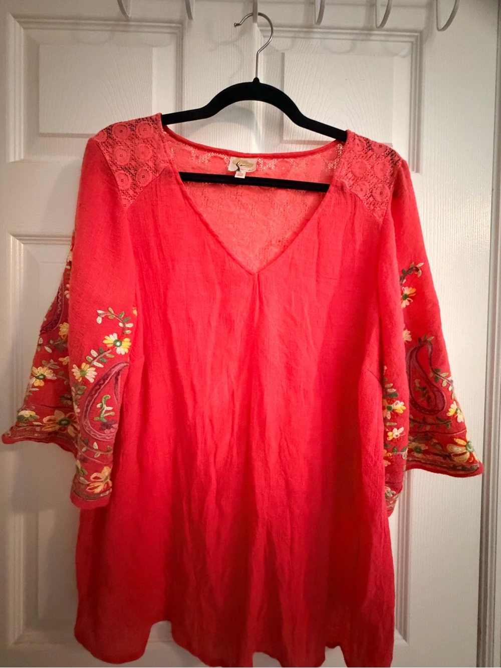 fig and flower Coral Red Embroidered V-Neck Tunic